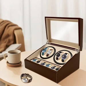 Penyimpanan Display Case 4+6 Rotasi Otomatis Kulit Kayu Watch Winder dengan Bantal Kotak Mewah Hitam / Coklat 12 etalase kayu penjualan terbaik - №
