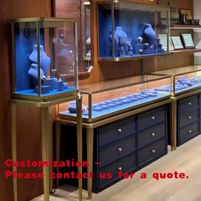 custom.Deep Navy-Upholstered Integrated Blue-Accent-Lit Curated Premium Jewelry Exhibition Showcase
