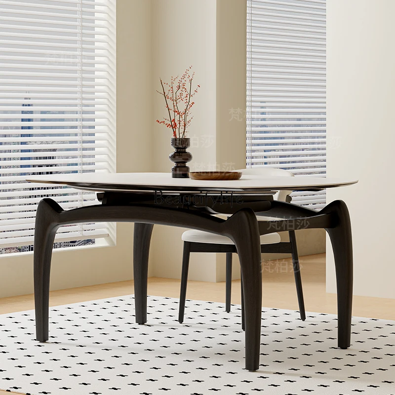 Cream Style Milky White Matte Rock Slab Dining Table Folding Telescopic Square to Round Dual-use Dining Table