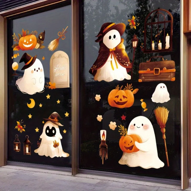 Niedliche Kürbis-Statik-Fensteraufkleber – Halloween-Dekorationen, festliche Feiertagsdekorationen, Bürodekoration, niedliche Glasaufkleber