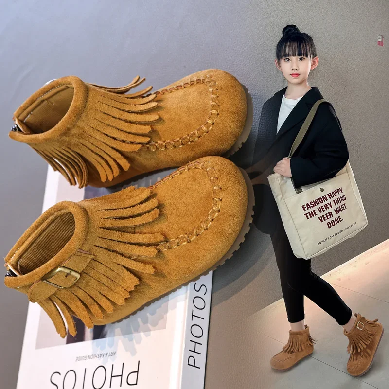 

2025 Autumn New Retro Tassel Children's Short Boots Girls' Leather Ankle Boots Soft Soled Anti-slip Warm Kids' Footwear
