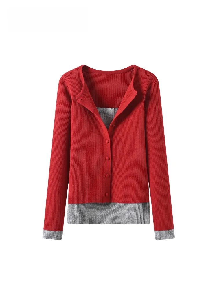 

Вязаный свитер большого размера с длинными рукавами для женщин, осенне-зимний, новый, модный, стройнящий топ для полных женщин, дизайн с имитацией двухслойности