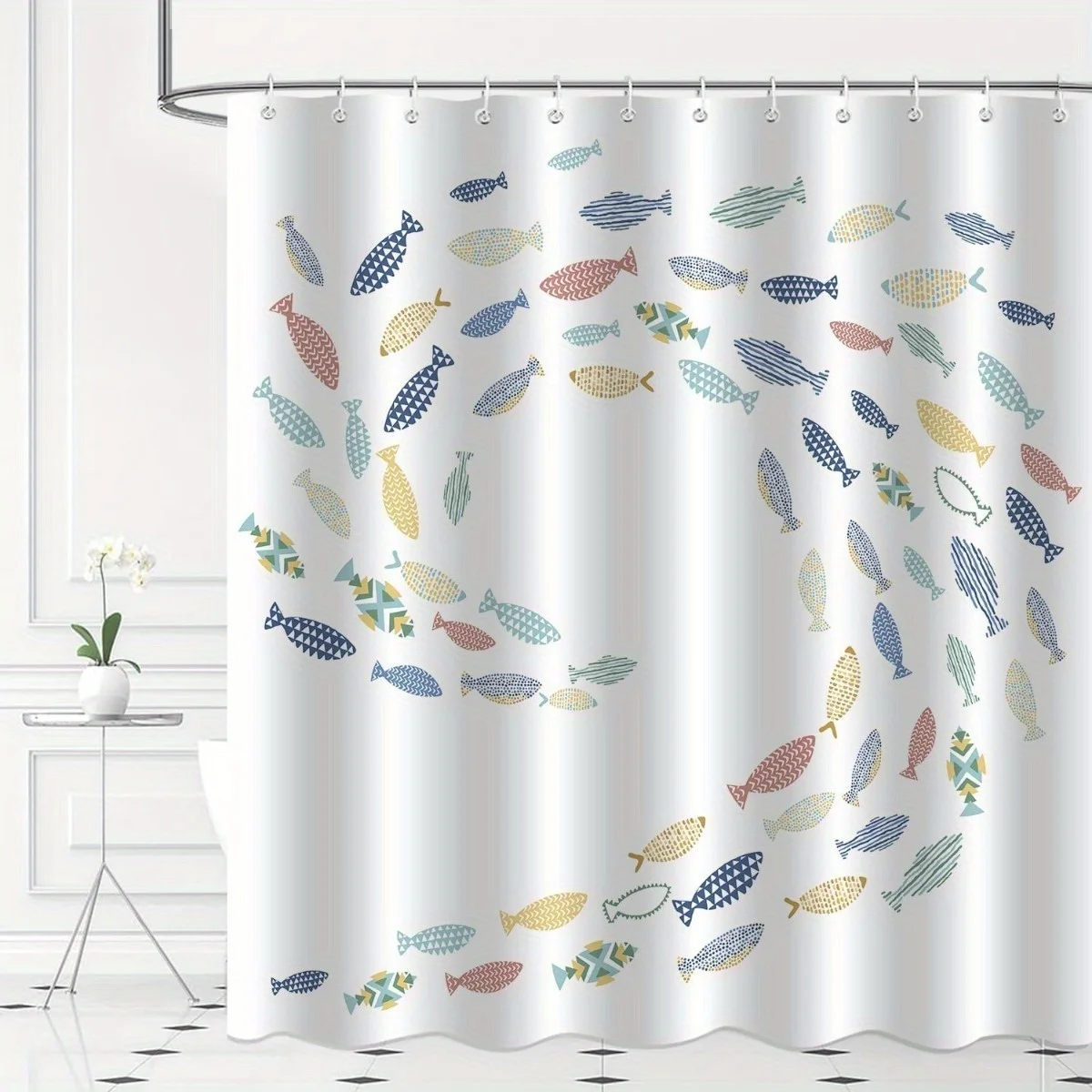 

Fish Shower Curtain - White Minimalist Abstract Design, Polyester, Machine Washable, Modern Bathroom Decor, Easy Install