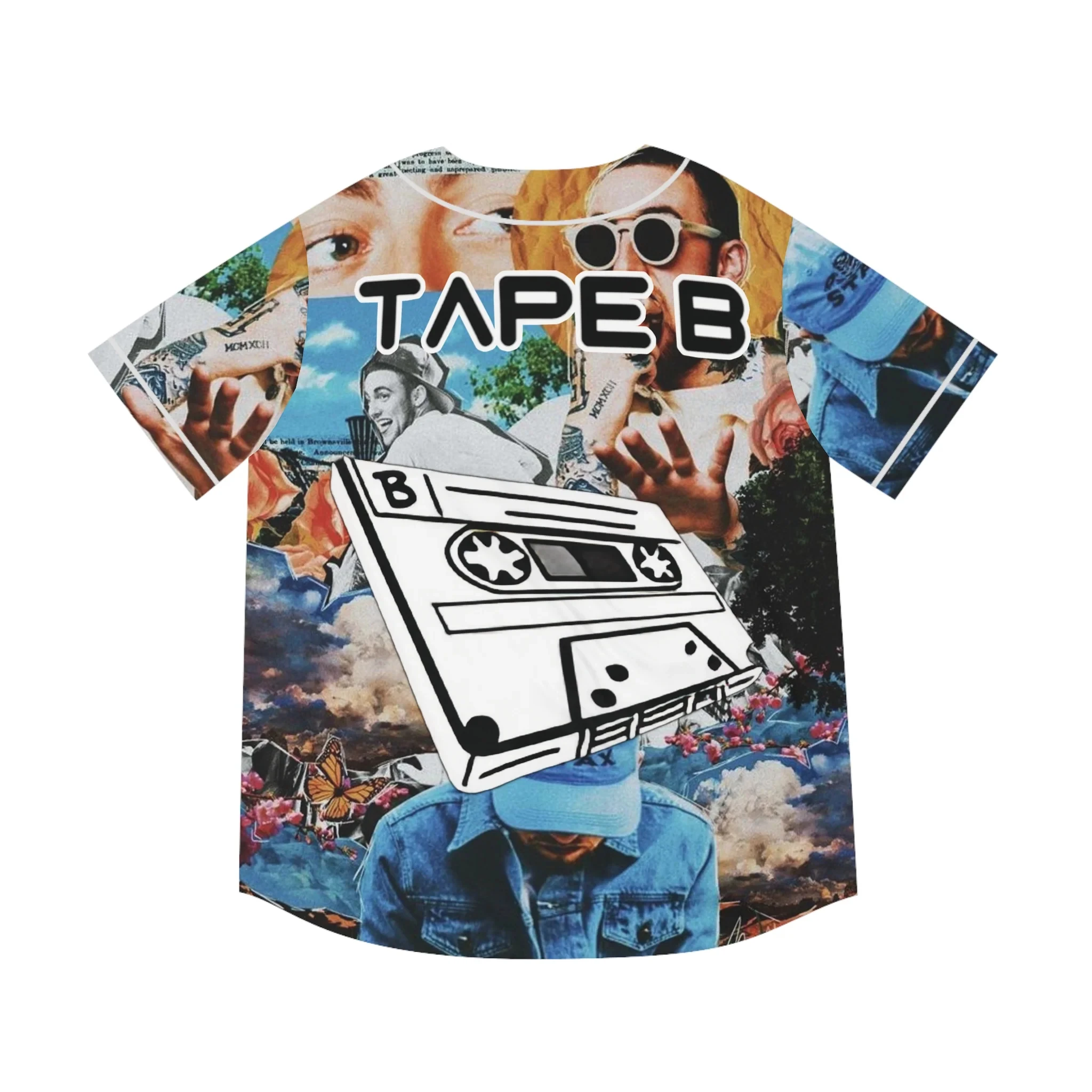 Retro Tape Collage Print Baseball Jersey, Vintage Hip Hop Style. Button Shirt, Great for Music Events and Daily Outings.
