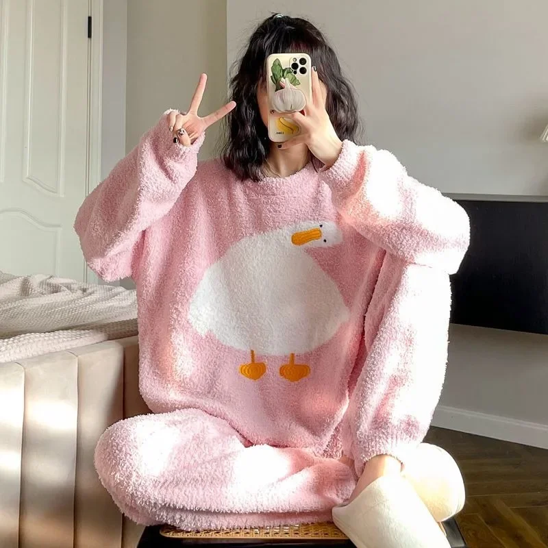 2025 New Cute Duck Pajama Set Women Autumn Winter Nightgown Round Neck Sleepwear Extra Big Thick Homewear Warm Loose Loungewear