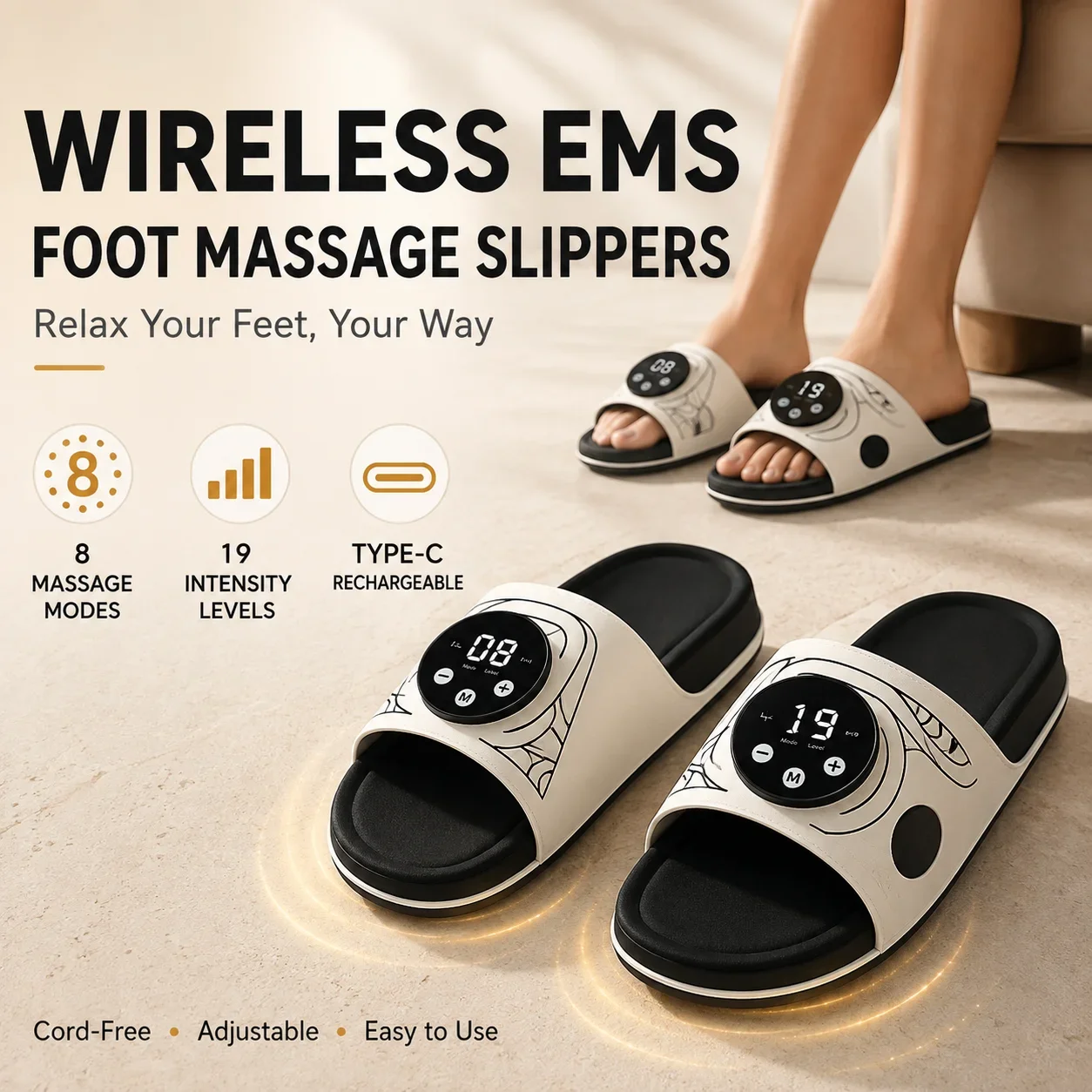EMS Foot Massage Slippers 8 Modes 19 Levels Type-C Rechargeable Digital Controller Adjustable Open Toe Anti-Slip Foot Massager