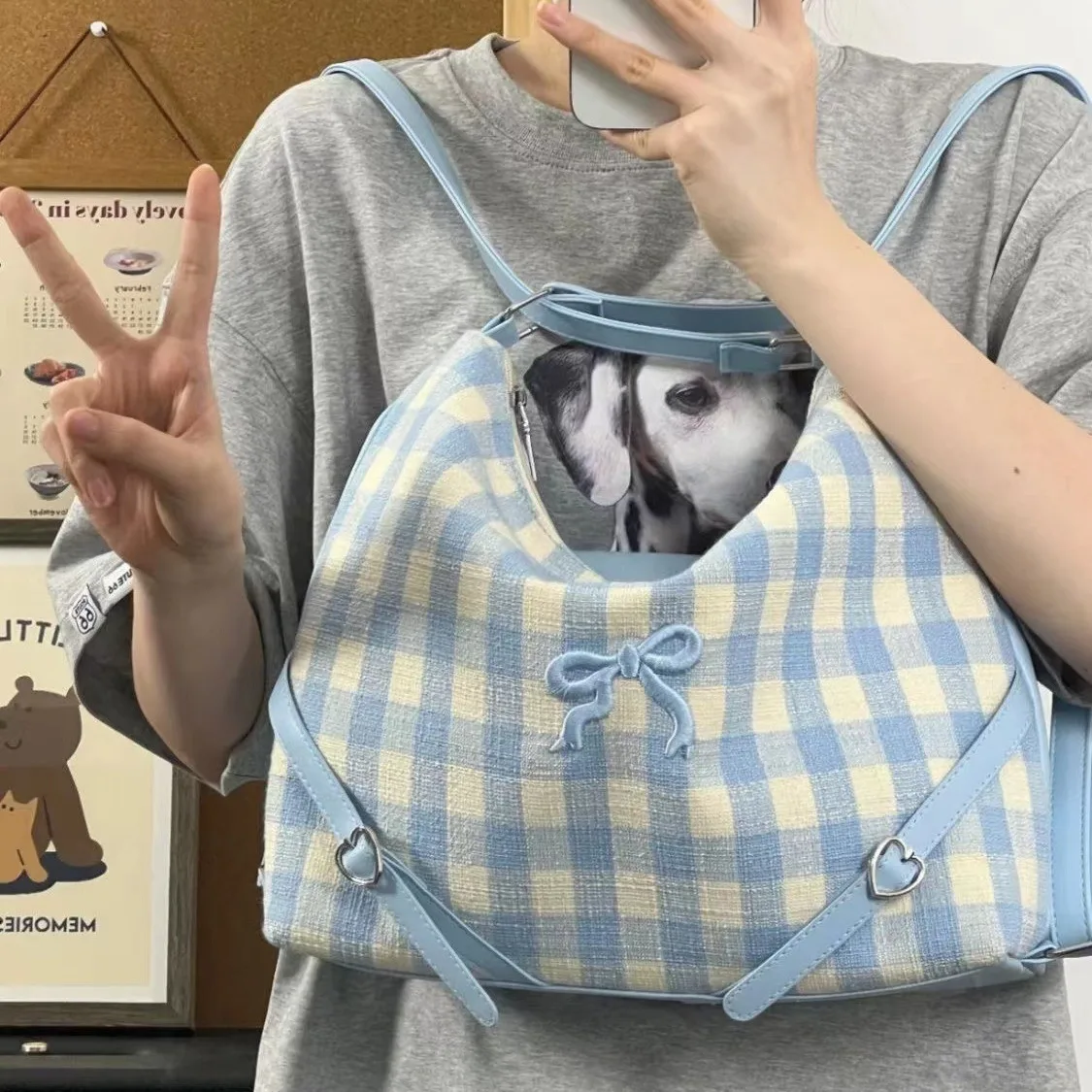 

Women's Cute Bag Bow Letter Checkered Canvas Single Shoulder Embroidered Tote Student Casual Versatile Checkered Kawaii Backpack