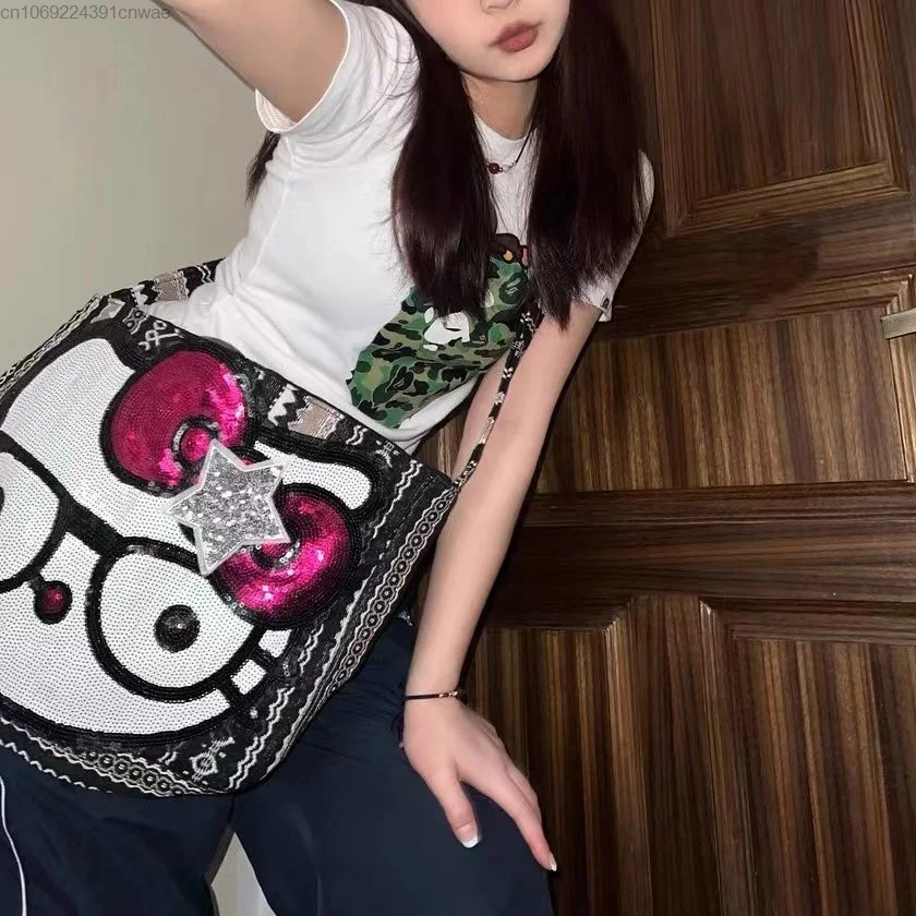 Sanrio Hello Kitty Large Women Canvas Bag Luxury Aesthetic Tote Bag Y2k Traf Korean Stylish Crossbody Bag Fanny Pack Female