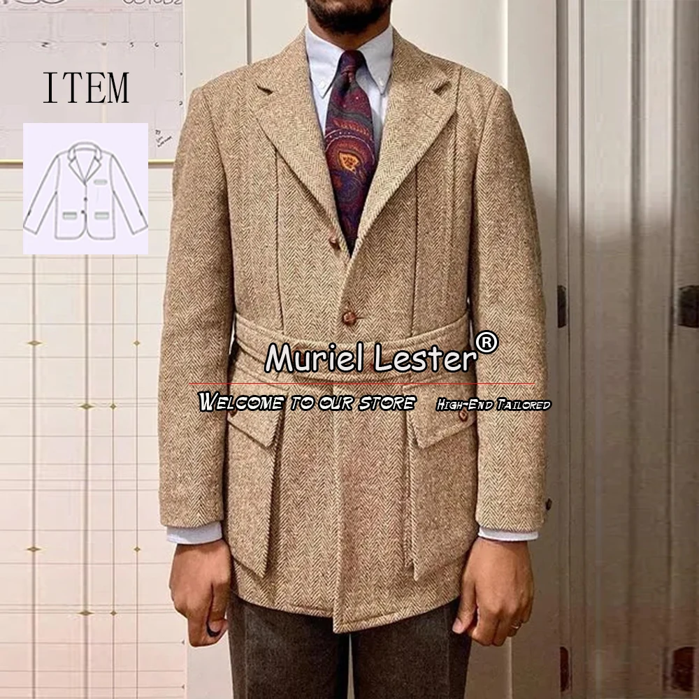 

Brown Herringbone Men's Suit Jackets Slim Fit Single Breasted Blazer Tailor-Made Regular Tweed Wollen Trench Coat Groom Tuxedos