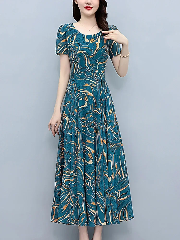 Vestido Midi de manga corta con estampado azul para mujer, traje elegante e informal para vacaciones, estilo coreano ceñido al cuerpo para fiesta y noche, L182