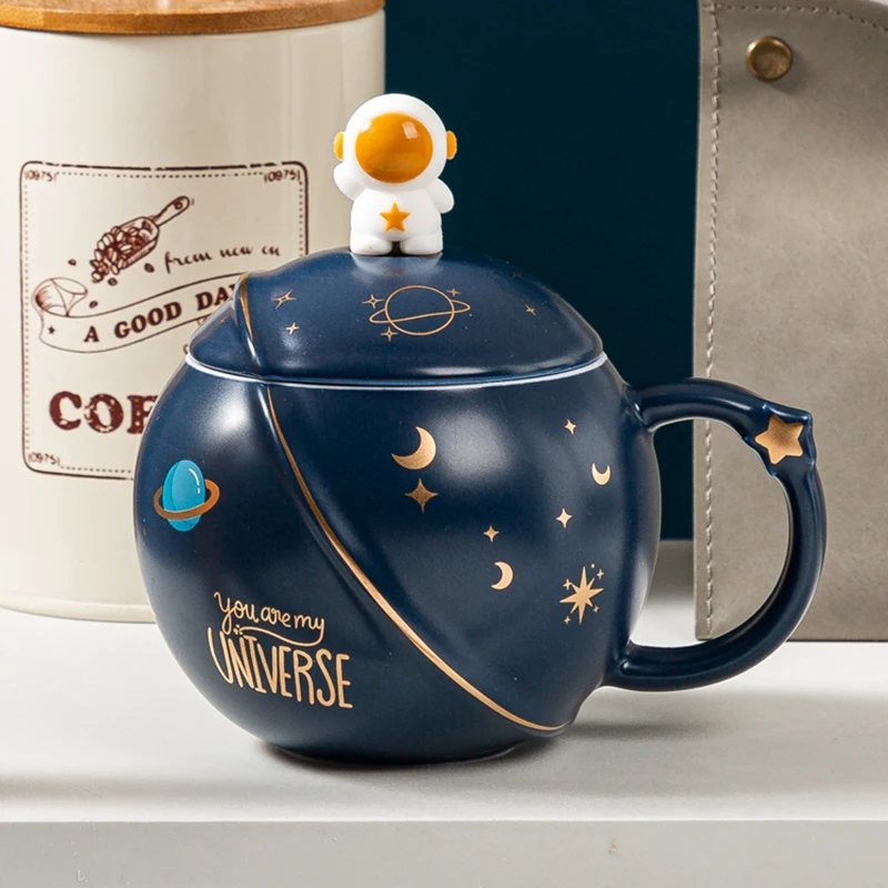 400ML Ceramic 3D Astronaut  Planet Coffee Mug Tea Cup with Lid Spoon Couple Drinkware Gift Box