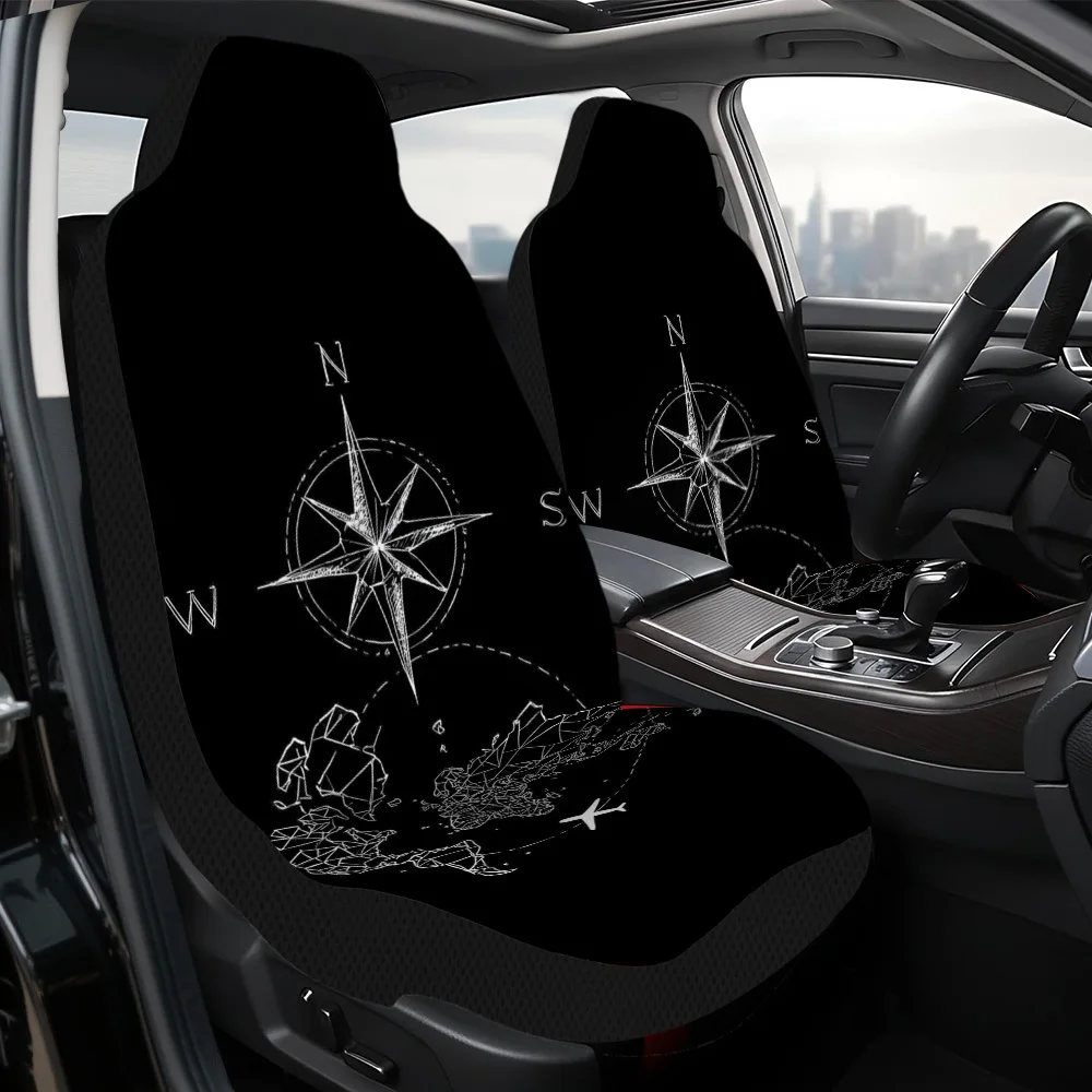 2pcs World Map Compass Style Car Seat Covers | Foldable, Easy To Install, Universal Fit, Polyester Fiber, Machine Washable, Perf