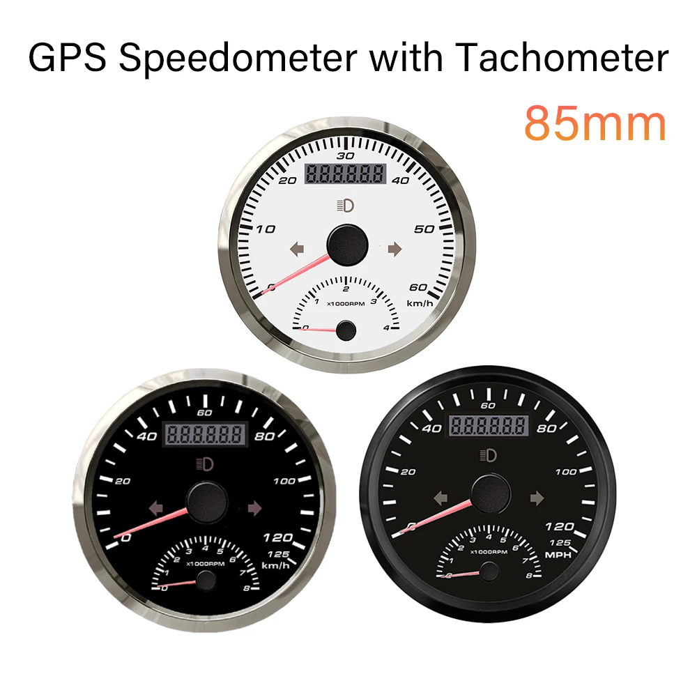 Rhaxel 85mm 2 in 1 GPS Speedometer 60K 125K 200K 125 MPH 200 MPH with Tachometer Amber Backlight 12V 24V for Cars Boats
