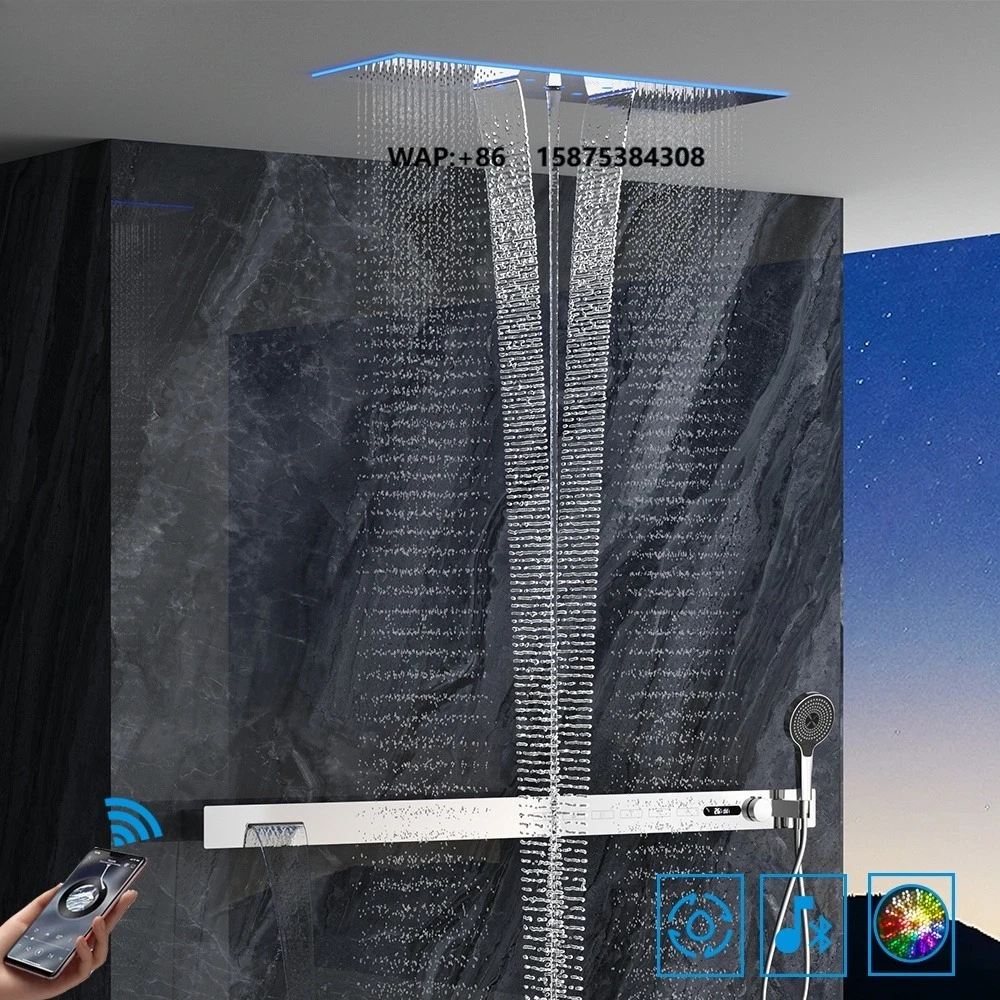 Luxury LED Music Ceiling Shower Head Digital 6-Function 1400mm Shower Body System Rainfall Smart Bathroom Shower Set