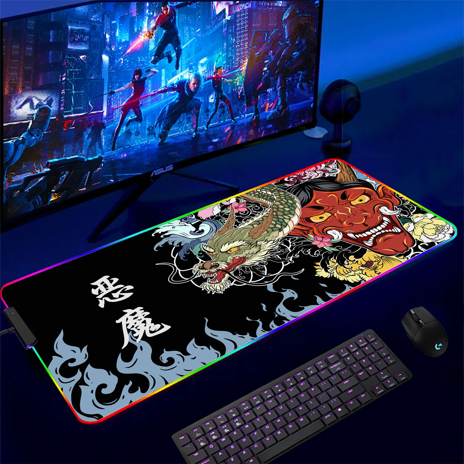 

RGB Japanese Ghost Warrior LED Gaming Mouse Pad Large PC Keyboard Pad for Computer Laptop Pad Black Rubber MousePad Rgb коврик