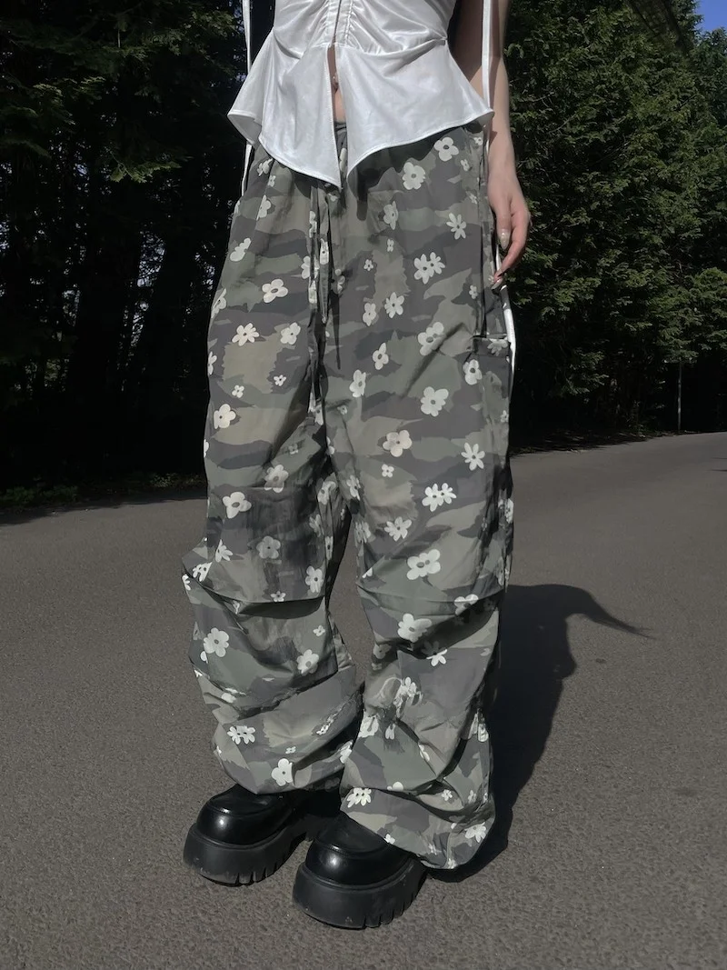 トレンディな花柄ワークウェアパンツ ハイウエスト ストレートレッグ カジュアルパンツ 韓国風 通勤 ファッション ロングパンツ 夏 SEI