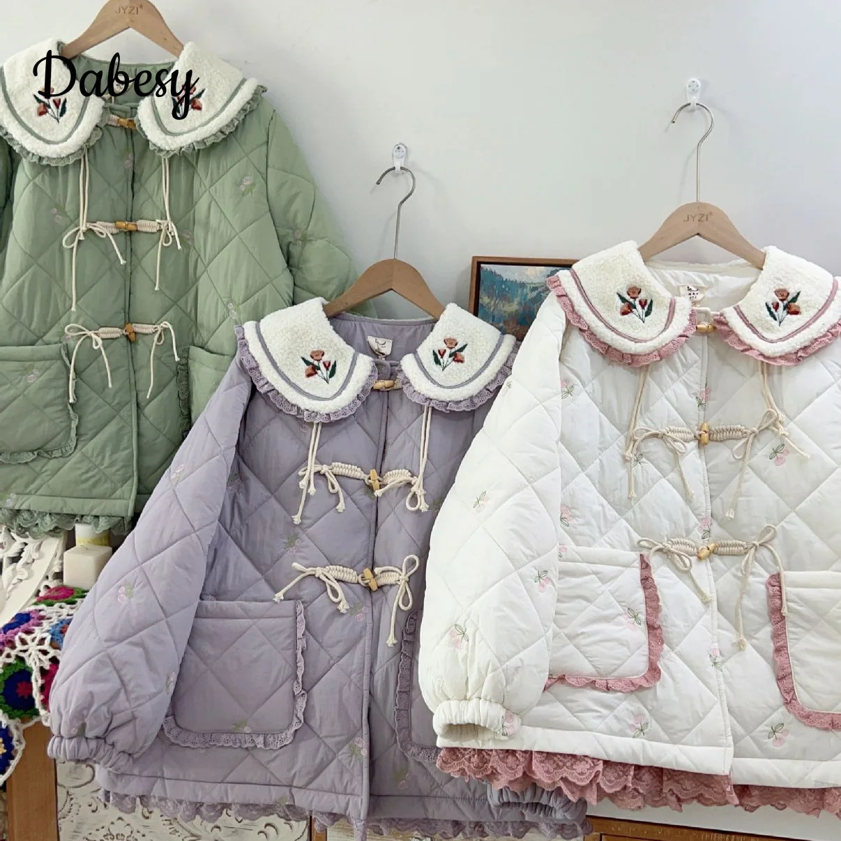 Vintage Embroidery Winter Jacket Women Autumn Winter Mori Girl Peter Pan Collar Loose Warm Padded Coat Korean Style Kawaii Parka