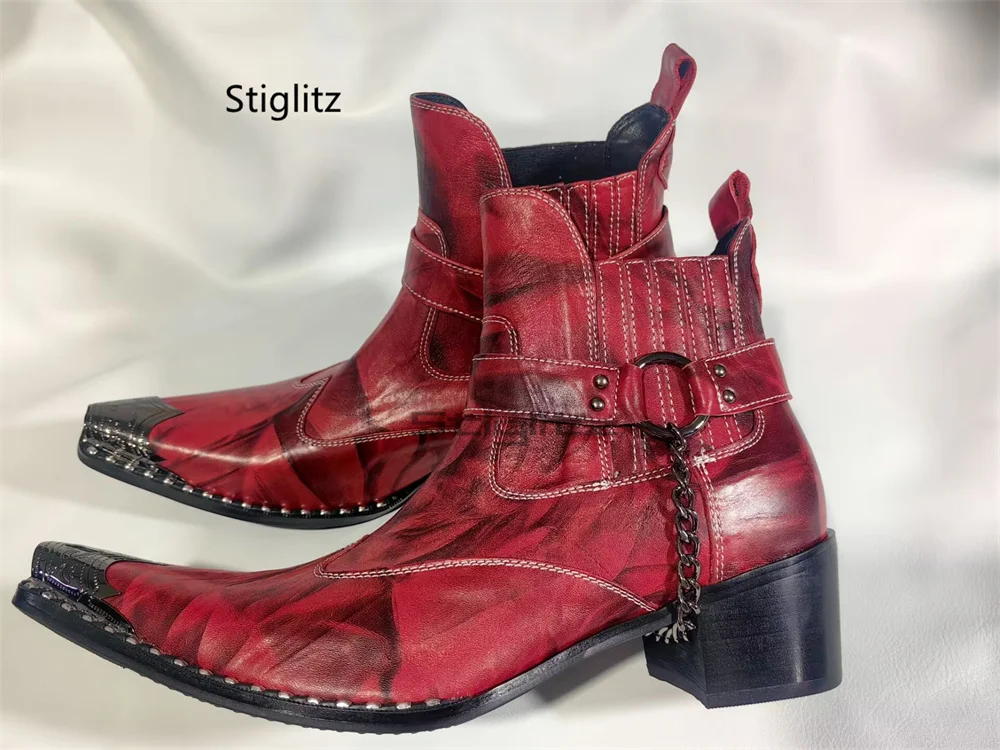 Metal Pointed Toe Chain Chelsea Boots for Men Thick High Heels Genuine Leather Short Chelsea Boots Handmade Party Dress Shoes