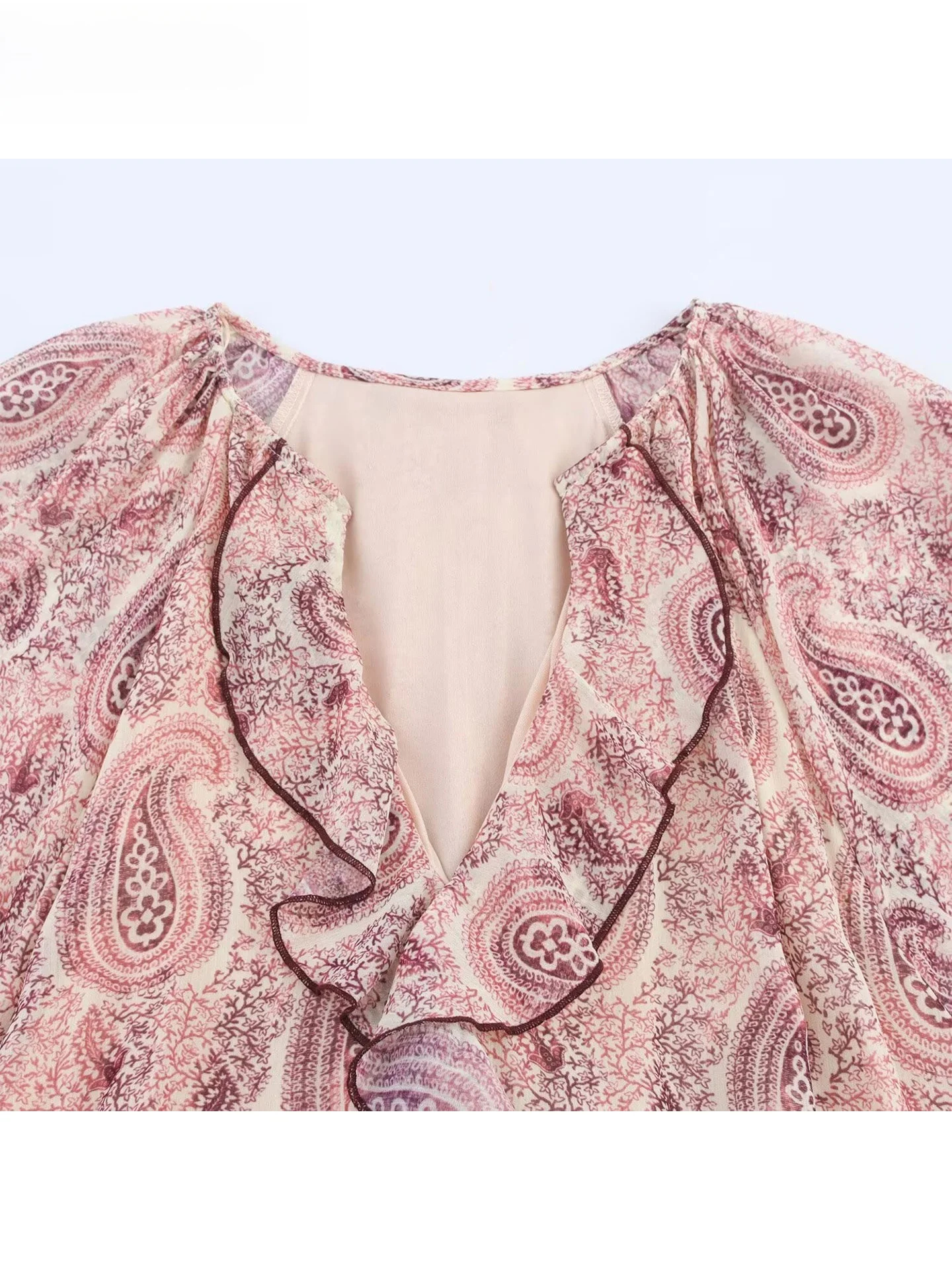 ZAPRHA 2025 Novo Solto Impresso Longo Sve Dr Ele Decoração em Camadas Casual Doce Sle Feminino Dr Temporada de Verão