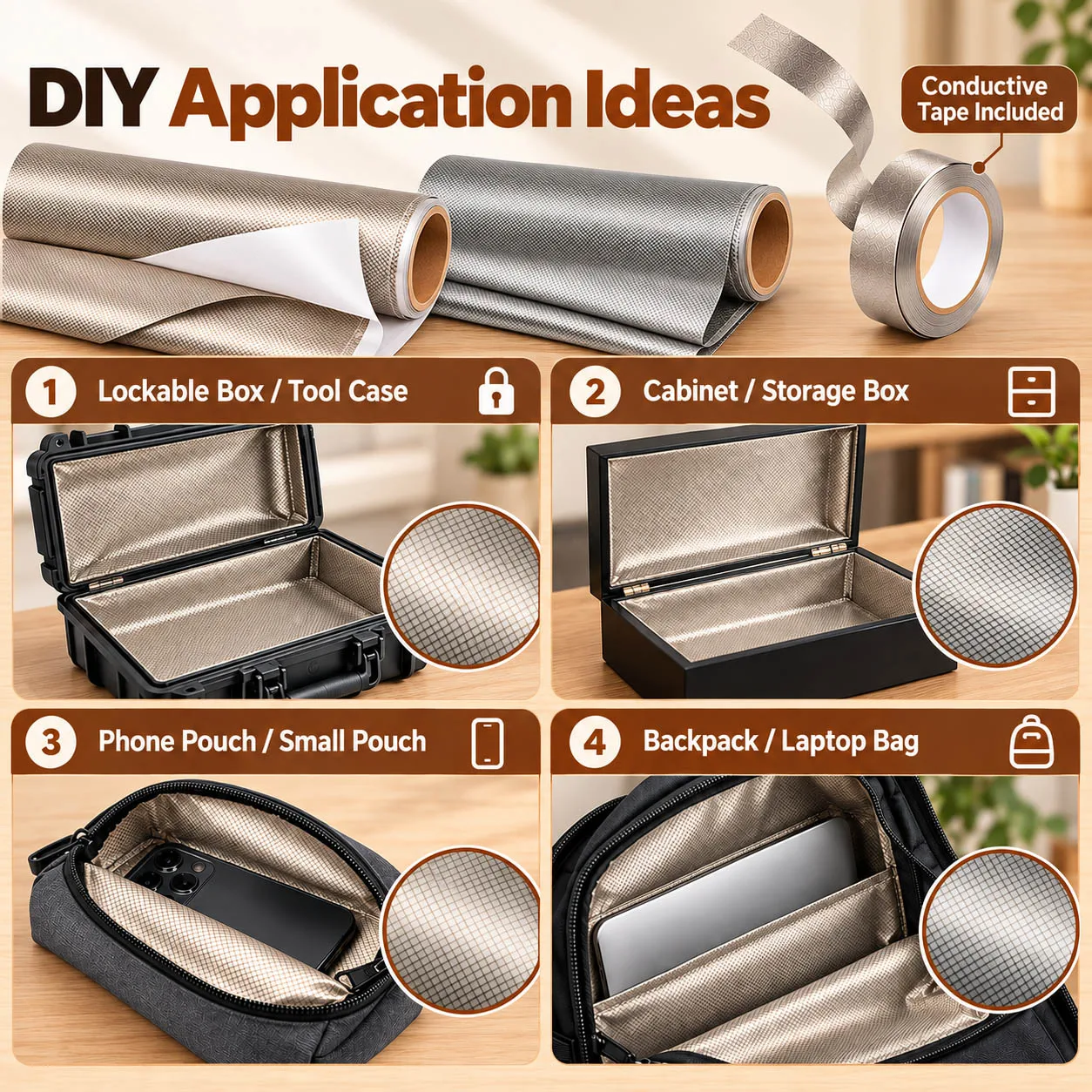 Faraday Box DIY Kit Self Adhesive EMI Shielding Fabric Diamond Grid Cloth with Conductive Tape for Cabinet Storage Box