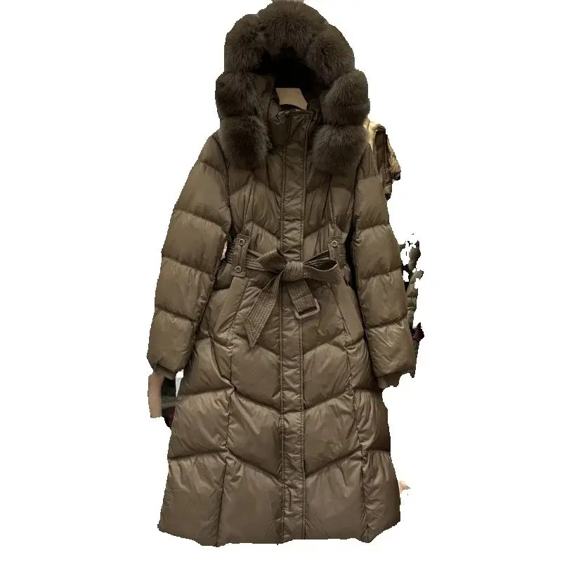 

Зимний длинный пуховик с воротником из натурального меха и капюшоном, женская теплая куртка до колена, женская куртка на белом утином пуху на шнуровке, верхняя одежда Parker