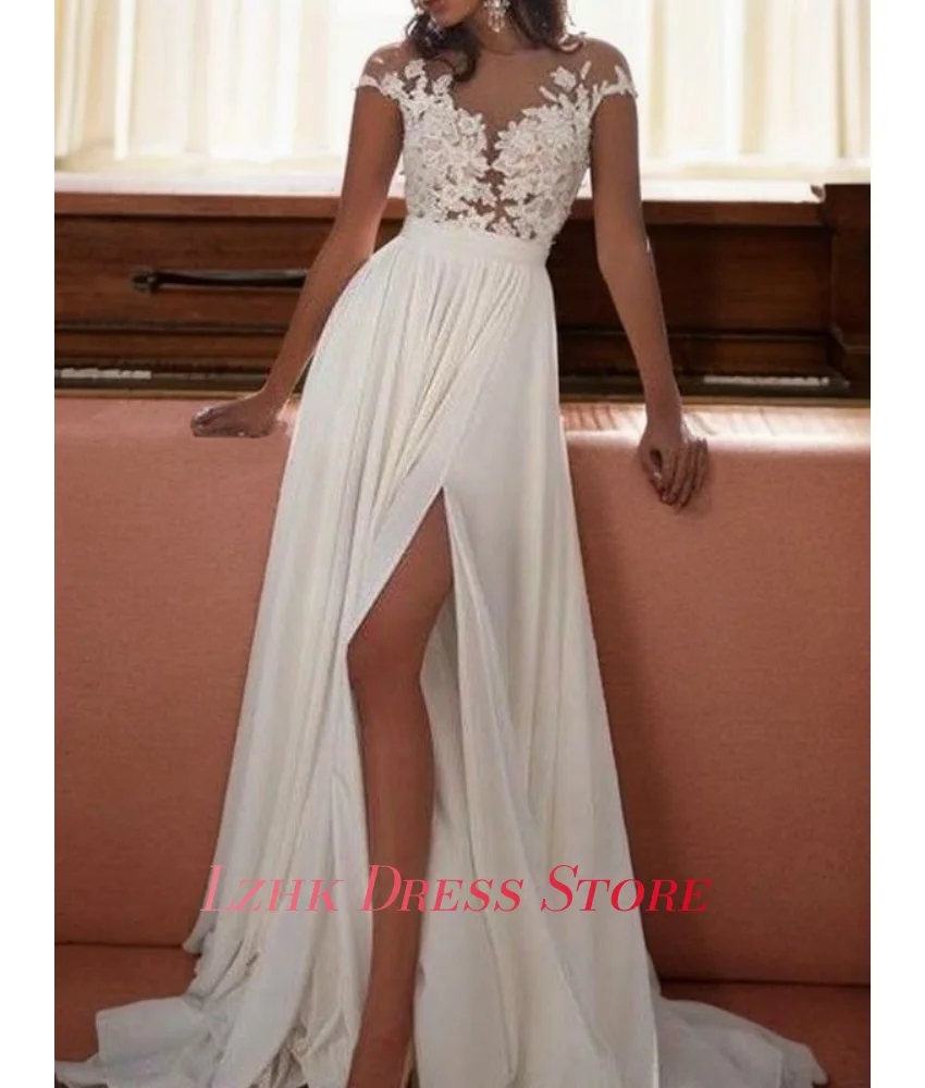 Gaun Pesta Malam Model A-Line Berkualitas Tinggi dengan Aplikasi Kancing, Lengan Pendek Seksi, Kerah O-neck, Panjang Menyentuh Lantai