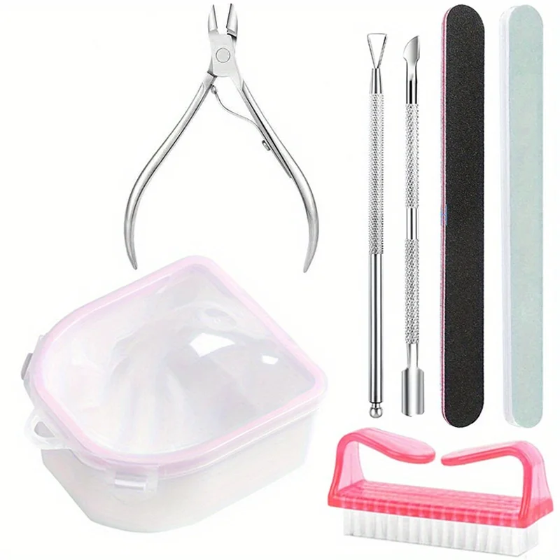 6/7 pçs tigela de imersão em gel removedor de esmalte com kit cortador de cutícula morta escova de unhas empurrador de cutícula descascador ferramentas de manicure