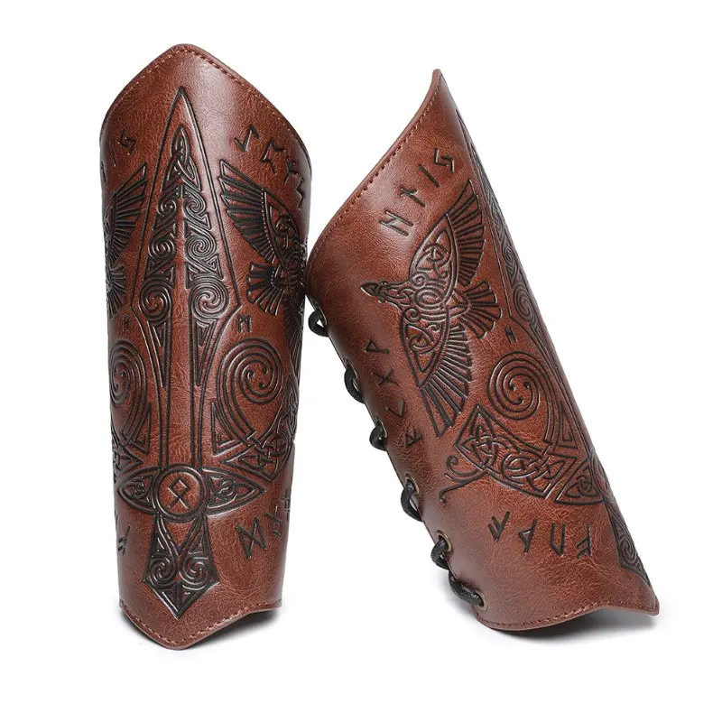 PU Leather Wrist Guards Viking Warrior Embossed Leather Gauntlets Knight Arm Gloves Retro Gothic Wristbands Outdoor Armor 1PC