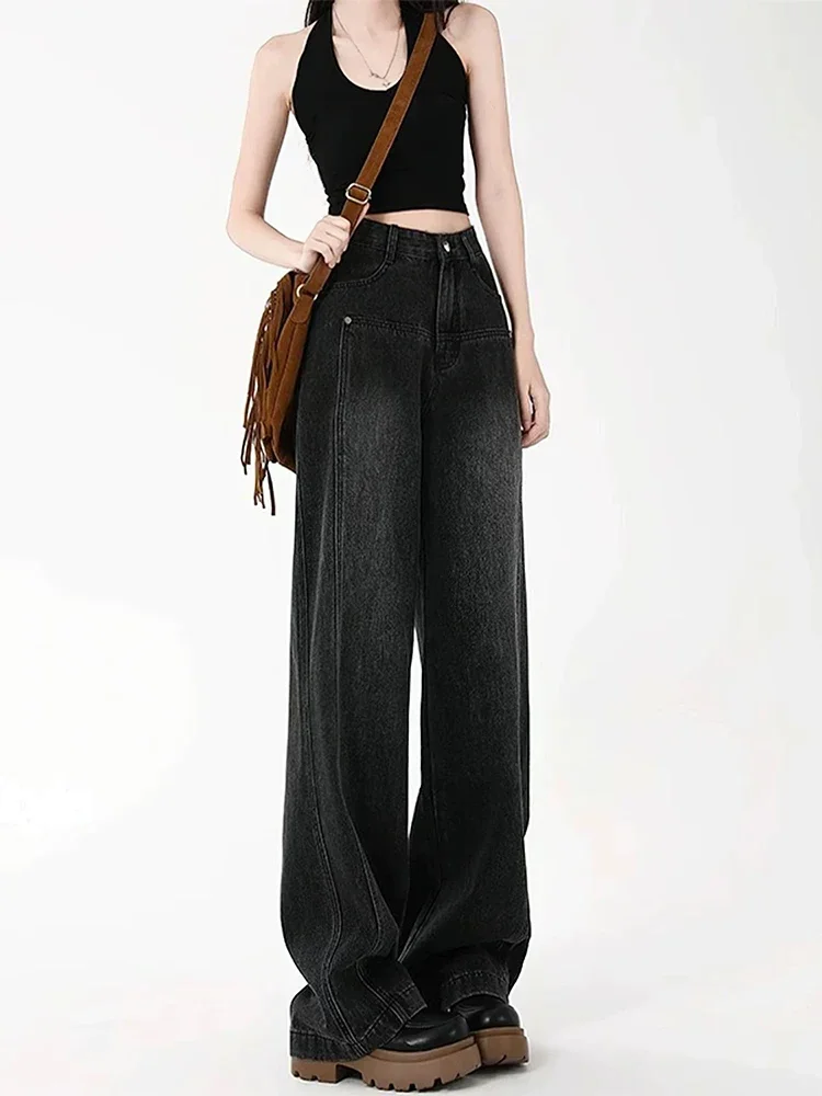 

New Fashion Women's Black-Gray Straight Leg Jeans Spring Korean Retro High Waist Loose Fit Wide Leg Casual Floor-Length Jeans