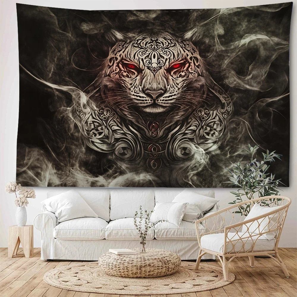 

Psychedelic abstract feline sharp evil intimidating gaze background personality home decoration tapestry