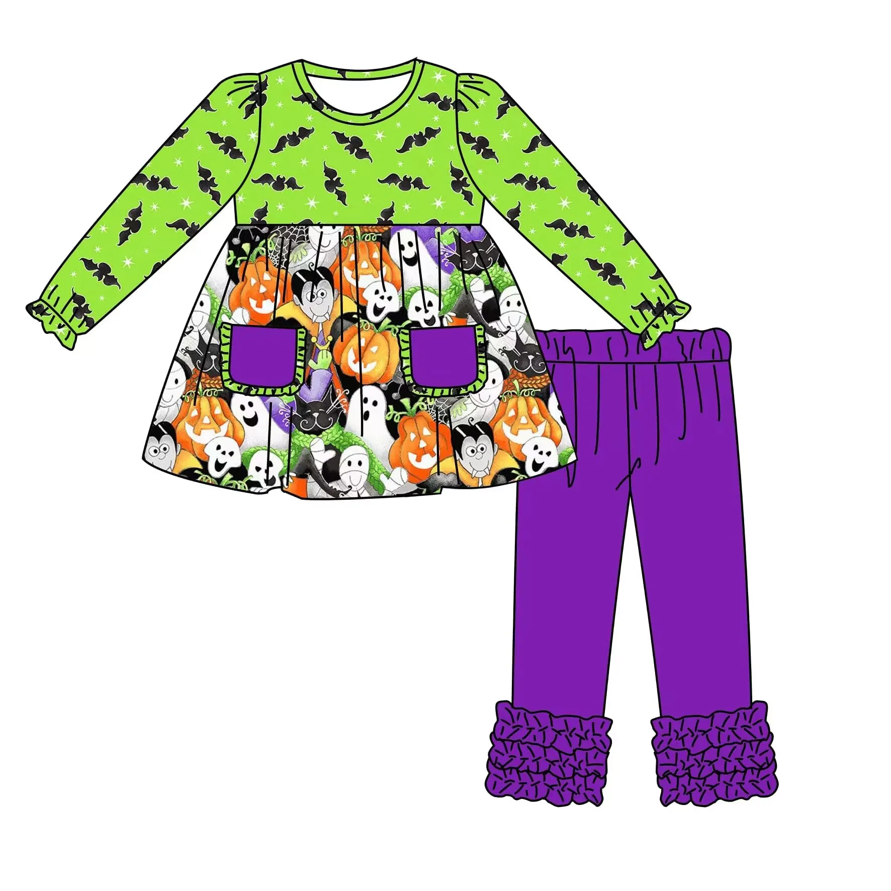 

Fall hot new designs Girls costume Baby Girl Costume set Long sleeve dress + Pants dress set Halloween style pumpkin pattern cos