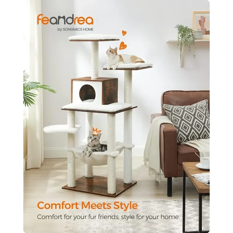 Feandrea WoodyWonders Cat Tree, Modern Cat Tower for Indoor Cats, 54.3-Inch Multi-Level Cat Condo, Ultra-Soft Plush