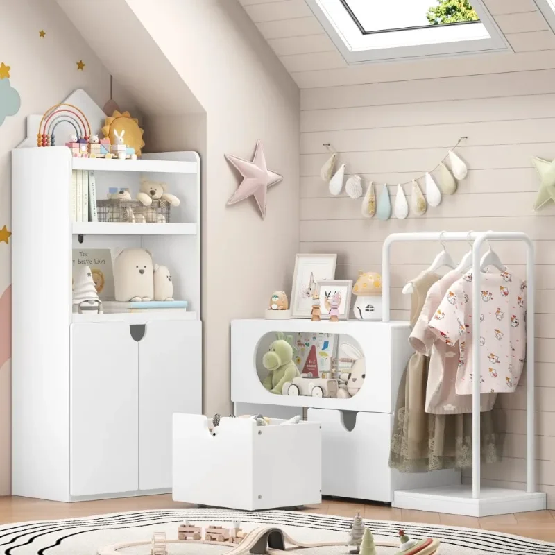 

Kids White Bookshelf and Toys Organizer with Drawers, Combi Toy Storage with Clothes Rail for Kids Room