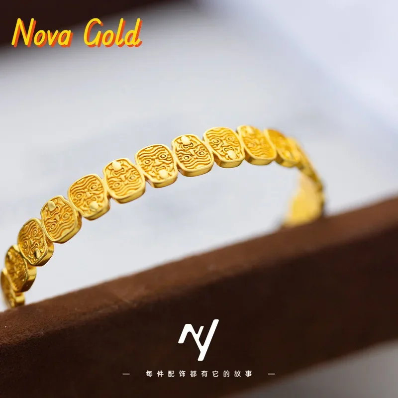 

NovaGlod 9999 ancient method engraved Zajiram Tibetan style retro bracelet ethnic style 24K real gold new Chinese style bracelet