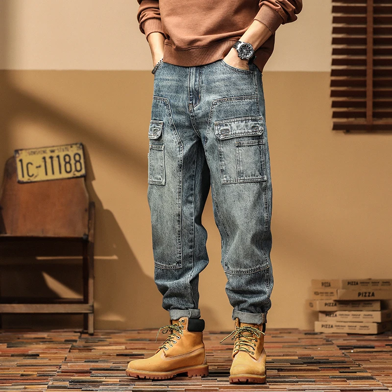 New Arrival Top Fashion Cross Vintage Autumn and Winter Casual Design Loose Straight Spliced Denim Men Jeans