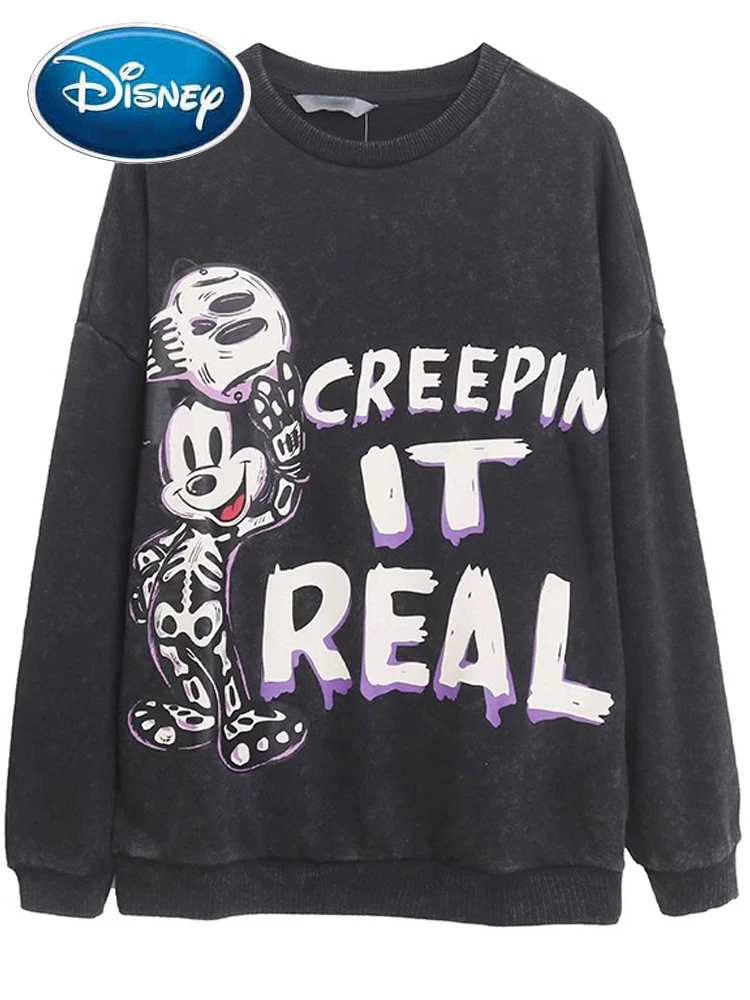 Disney Sweatshirt Mickey Mouse Letter Cartoon Print Harajuku Women Washed Distressed Long Sleeve O-Neck Pullover Jumper Tops