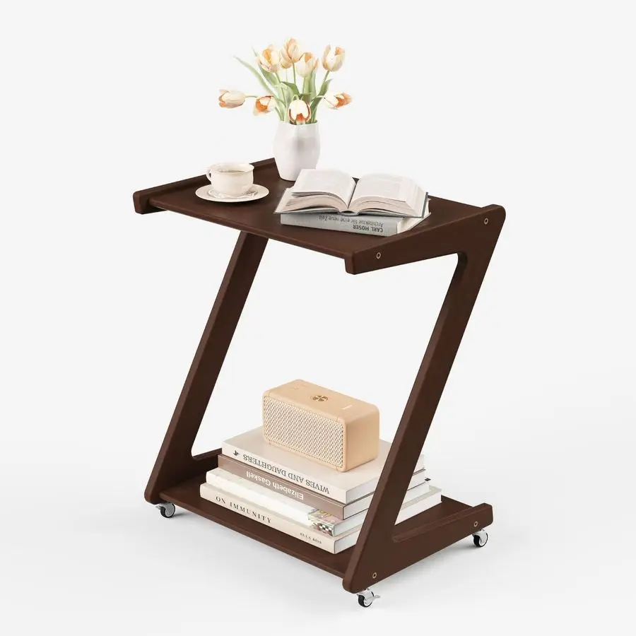 

Solid Wood Rolling Side Table with 2 Tiers, Mobile ZFrame Snack Cart Or Coffee Table for Living Room, Bedroom amp Sofa Use, Easy