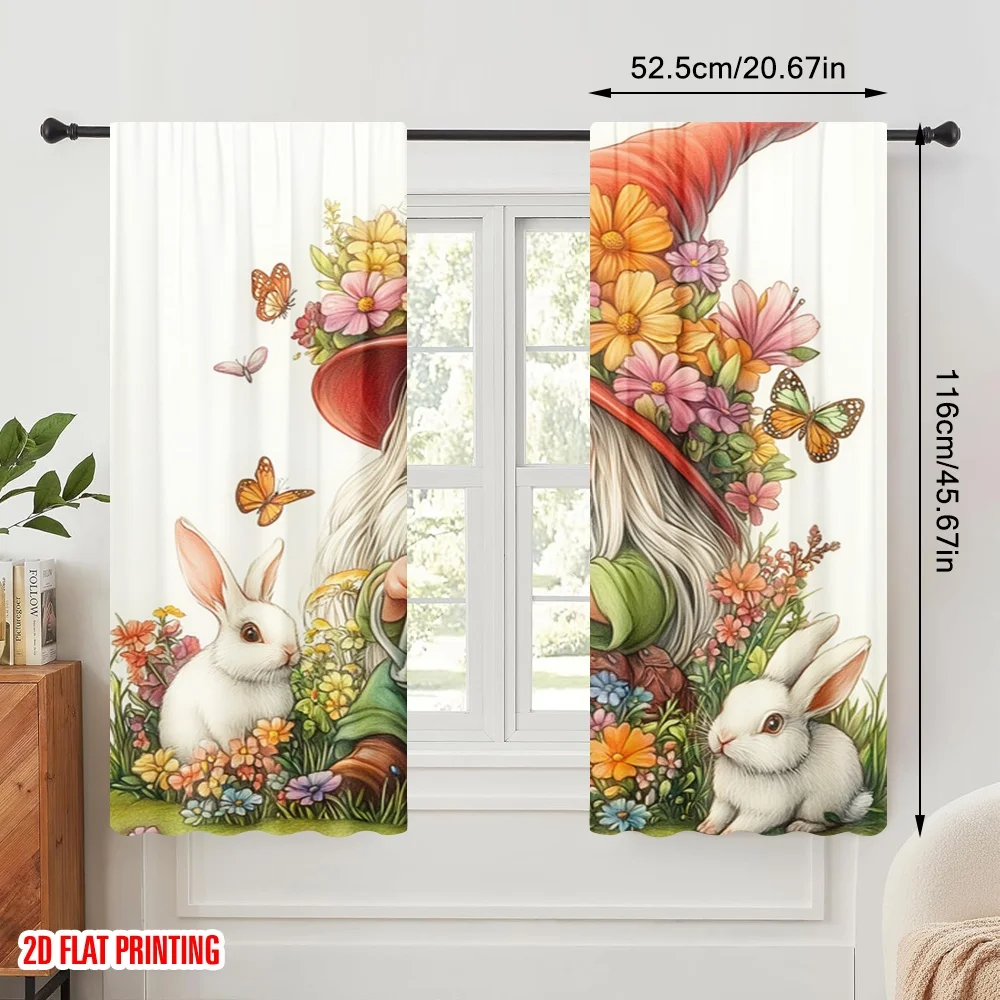 2pcs,2D plane printing Popular Curtain Panels Cute Gnome Spring Garden Butterflies Polyester (without rod) Art Deco Festive