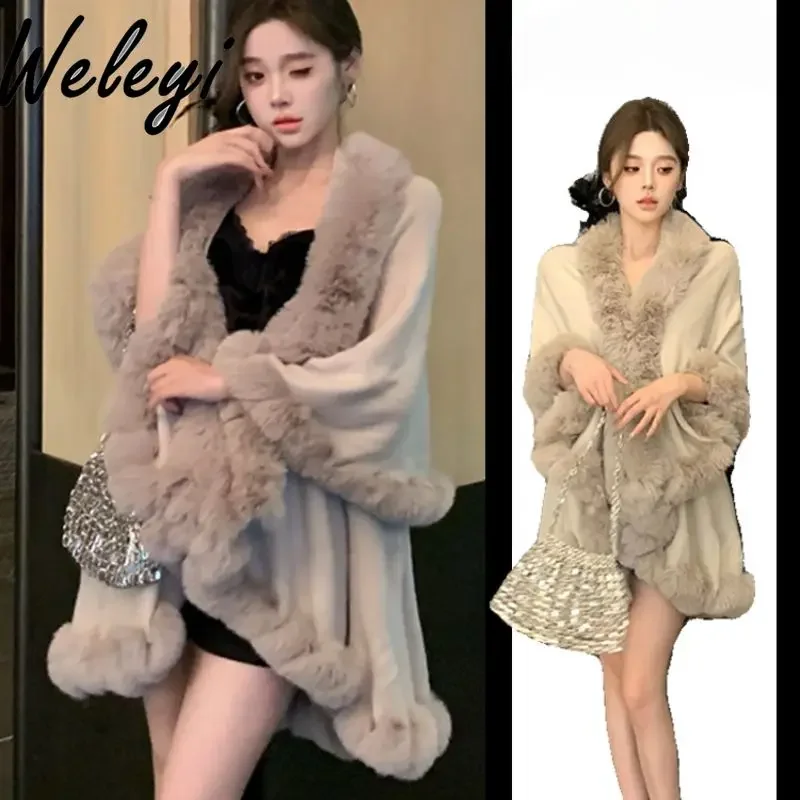 Autumn and Winter Premium Thick Fur Stitching Cape Shawl Jacket 2024 New Elegant Women's  Fur Fleece Long Sleeve Cloak Coats