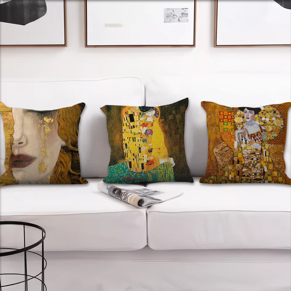 Gustav Klimt Oil Painting Pillow Case For Sofa Bedroom Living Room Office Bedside Table Backrest Cushion Printing Square