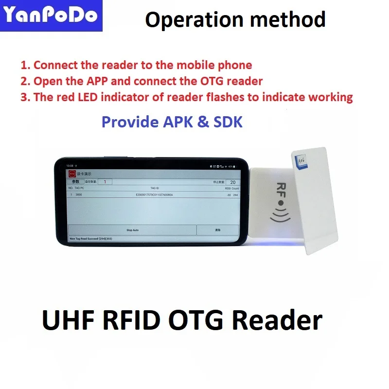 Yanpodo 860-960Mhz Portable Handheld UHF RFID Android OTG Reader USB RFID Reader UHF range 1M Type-c Interface with APK and SDK