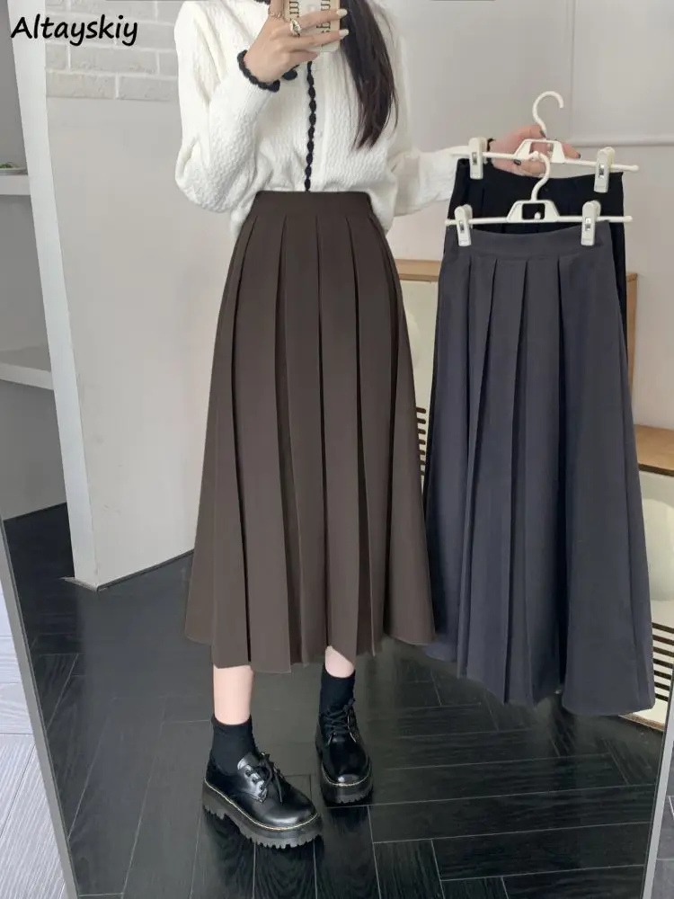 

Skirts Women Solid Folds Simple Daily Students All-match Autumn Vintage Basics Leisure Korean Style Seductive Age-reducing Cozy