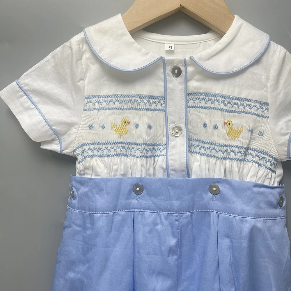 Children Boutique Clothing Summer BABI Boy Girl Handmade Smocked Cute Duck Embroidered Bubble Cotton Short Sleeves Christening