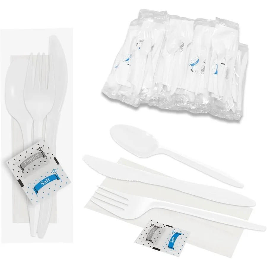 

Knife Fork Spoon Napkin Salt Pepper Sets, Individually Wrapped Black Plastic Cutlery Packets for Delivery (50 Pack-White)