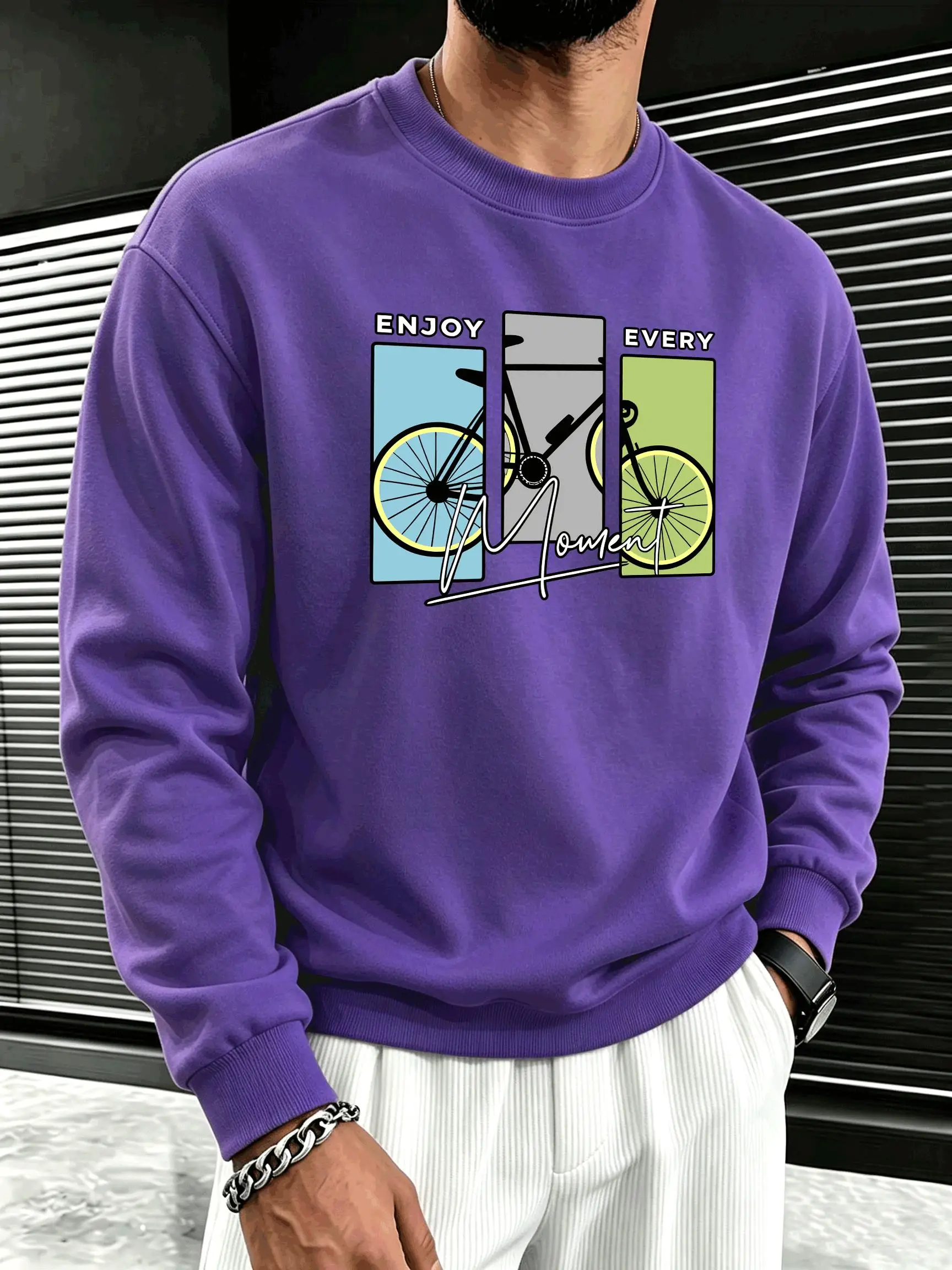 Enjoy Every Moment Bicycle Print Men'S Sweatshirt Casual Fleece Pullovers Jogging O-Neck Sportswear Autumn Loose Clothes