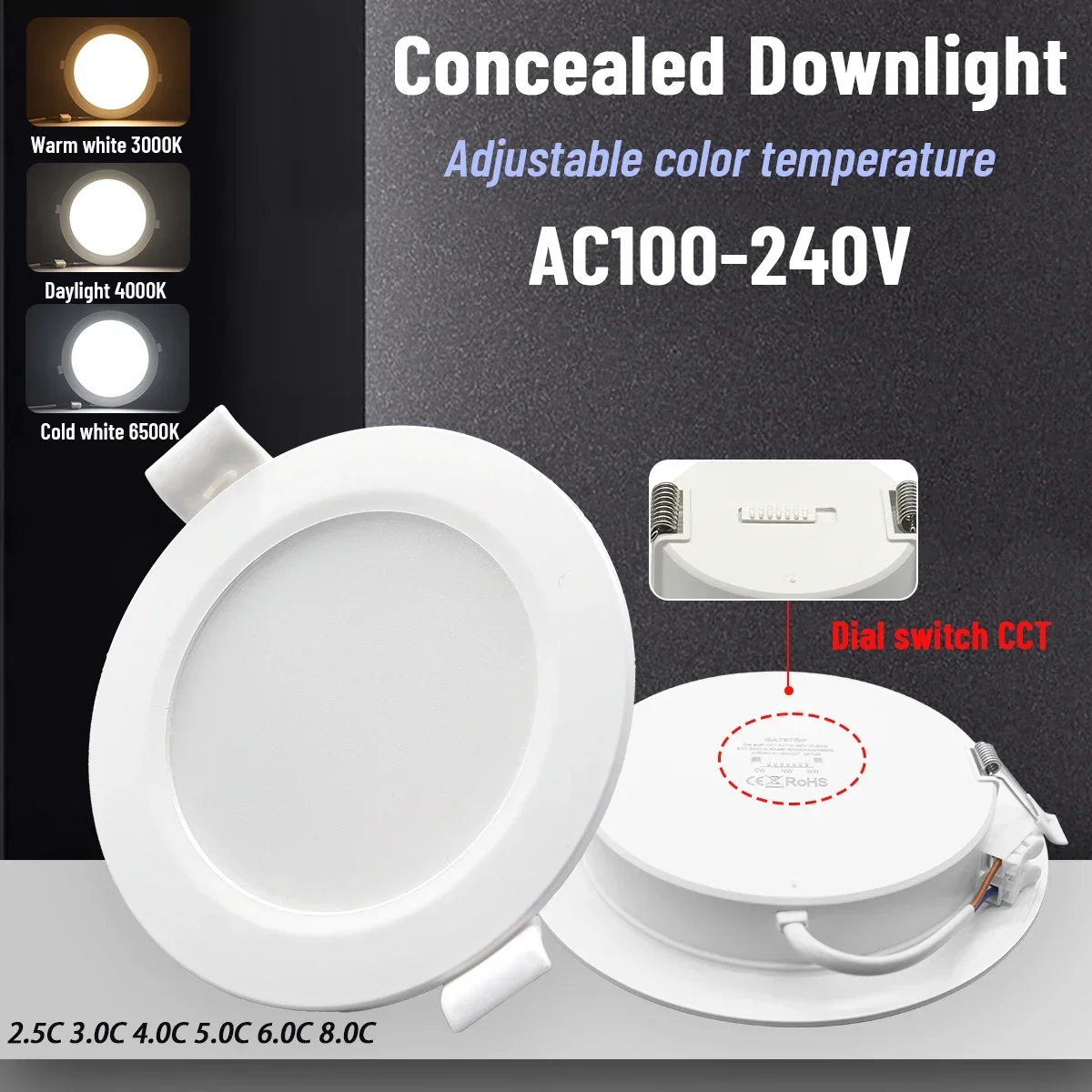 

2pcs Dial swich CCT LED Downlight 100-240V 3000K/4000K/6500K Ceiling Light 20W/24W Recessed Round Panel Light Indoor Lighting