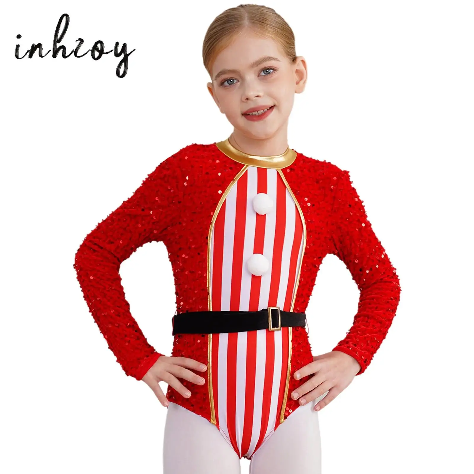 

Girls Christmas Santa Sweetie Candy Cane Costume One Piece Sequin Long Sleeve Striped Ballet Dance Gymnastic Leotard Bodysuit