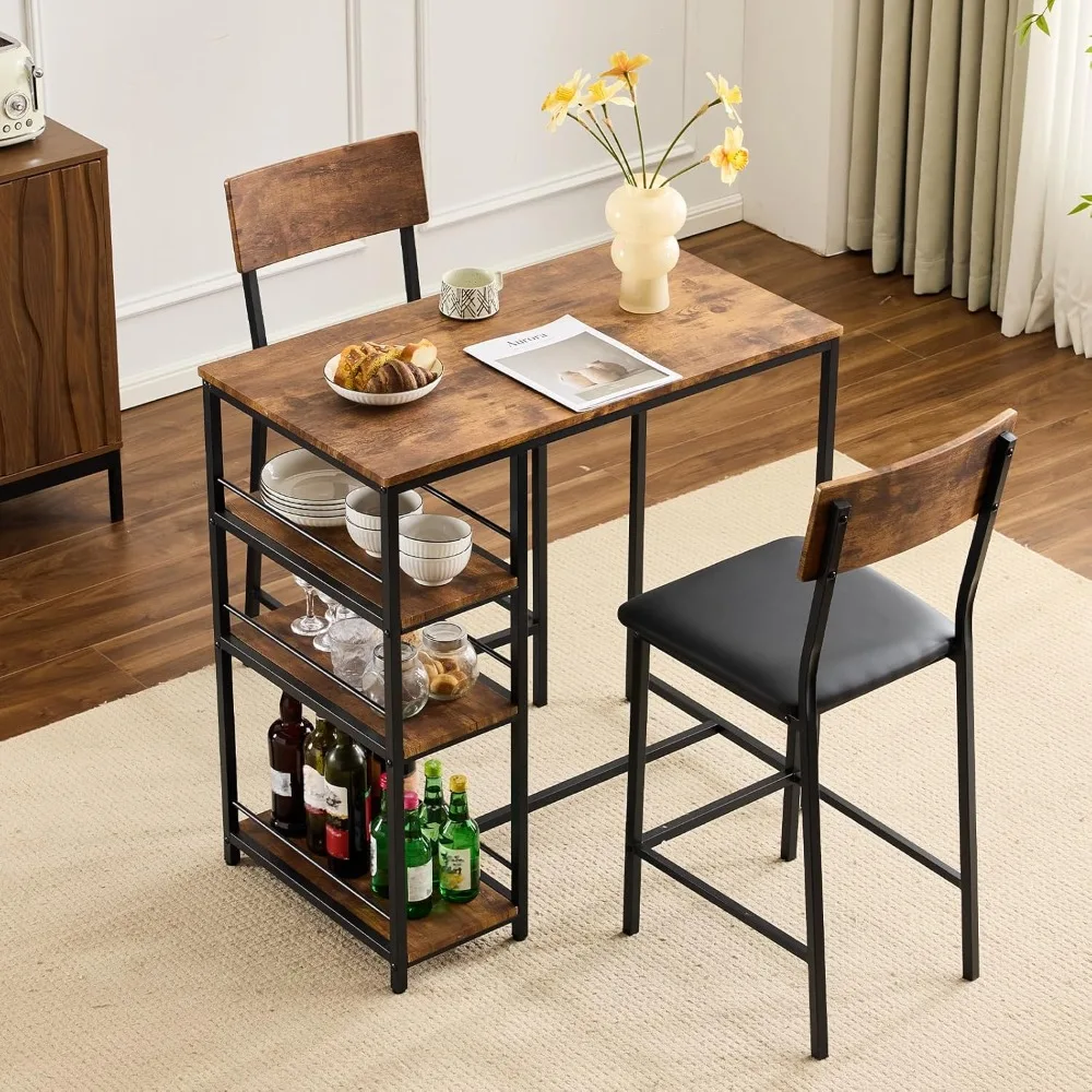 

Kitchen Breakfast Bar Table Set for 2 with Storage, Counter Height, Small 3-Piece, Brown