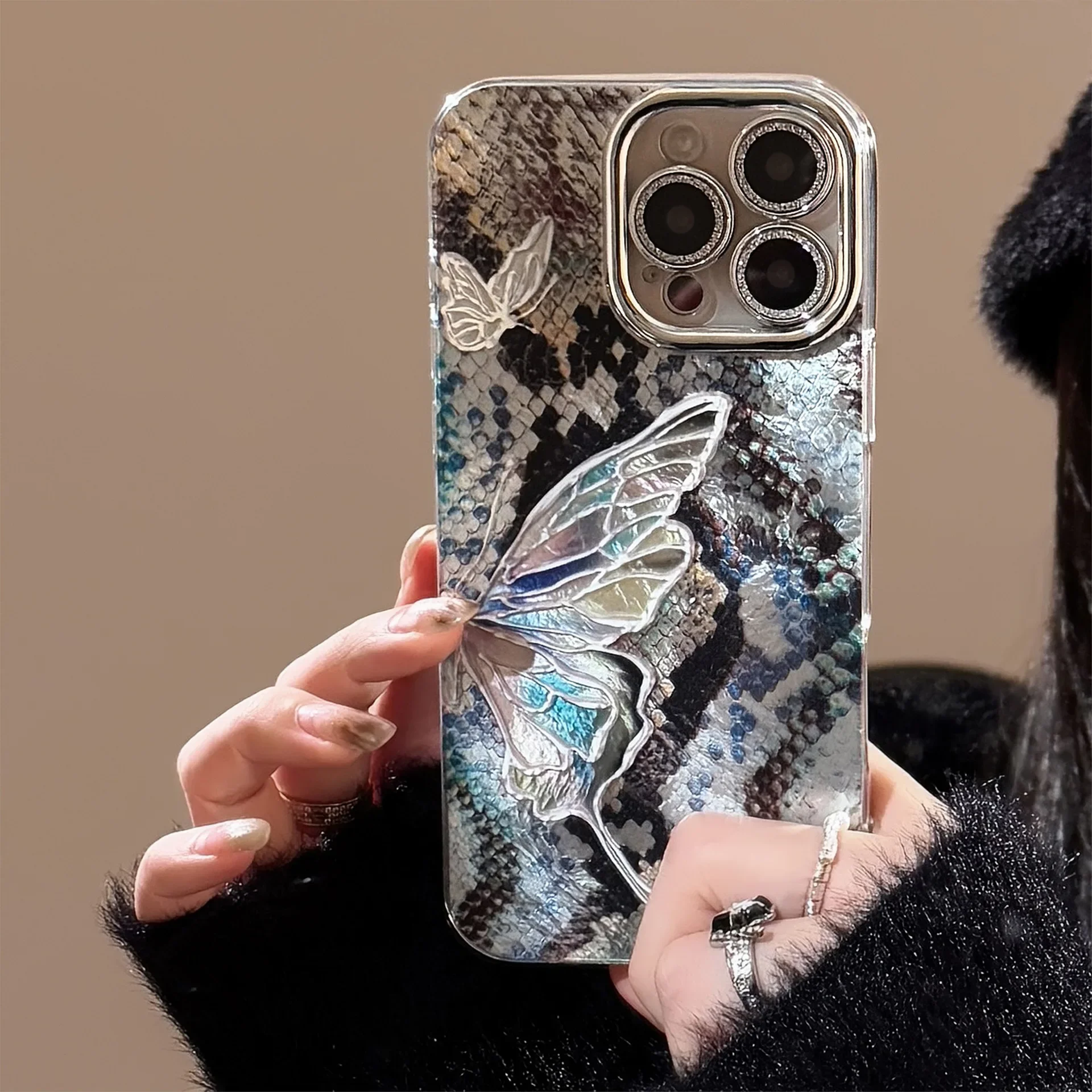 Art Python Pattern Color Butterfly with Camera Glass Film Cover Case for iPhone 16 15 14 13 12 11 Pro Max 7 8 Plus Xs Max XR X