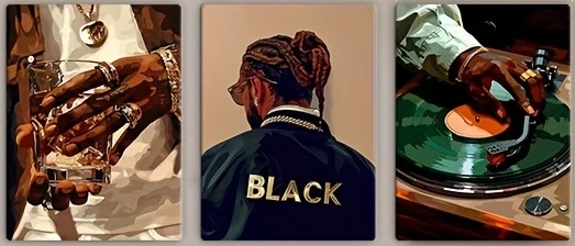 Set of 3  Prints Featuring 2D Flat Paintings of a Black DJ, Vinyl Record Turntables, And Hip Hop Music Themes, Perfect for De